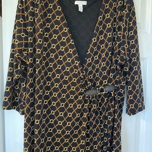 Faux wrap style Black and Gold Chain Pattern shirt.